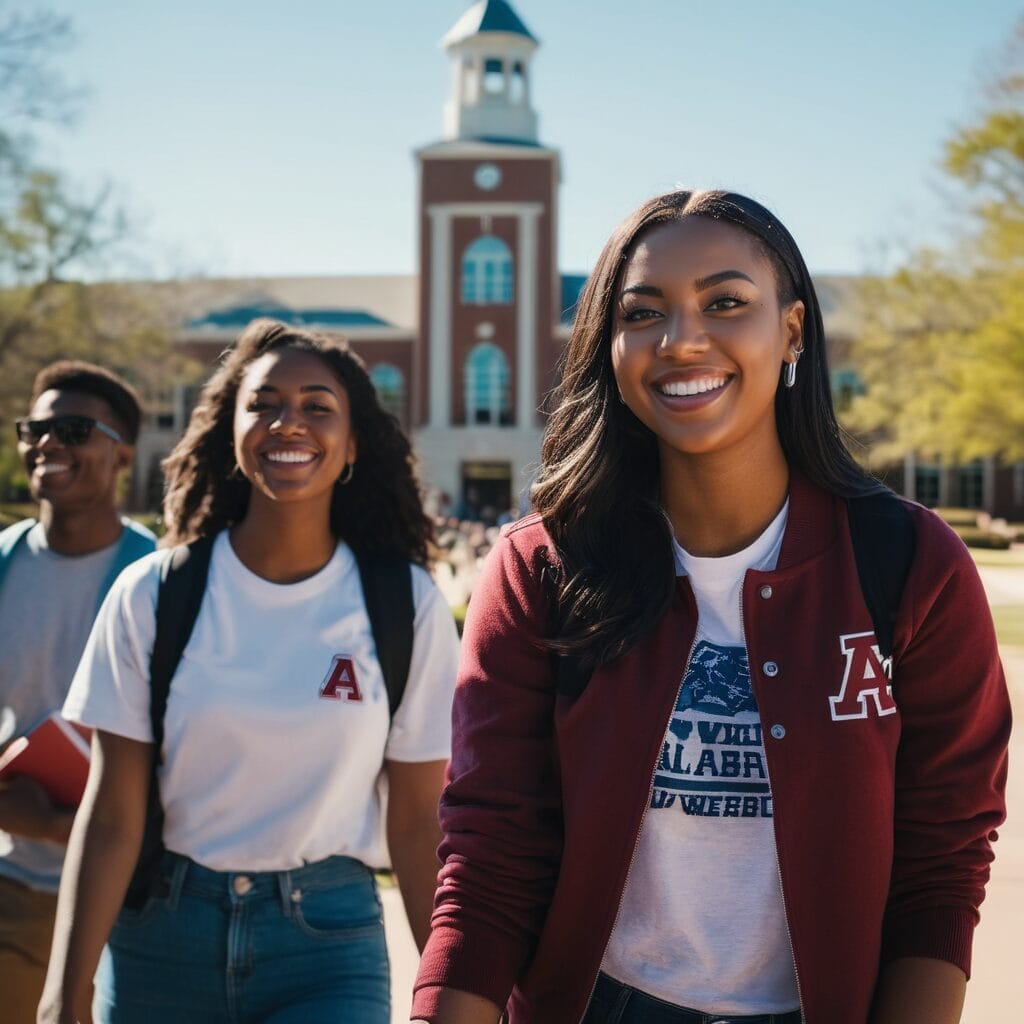 College students enjoying a sunny day on a university campus in Alabama, studentslyfe.com.