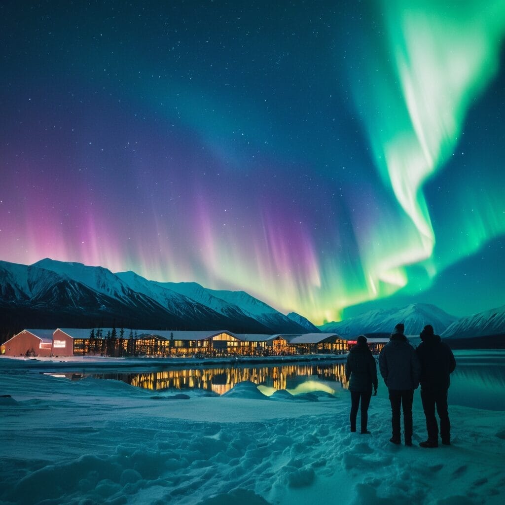 University students in Alaska enjoying the Northern Lights and scenic campus views, studentslyfe.com.