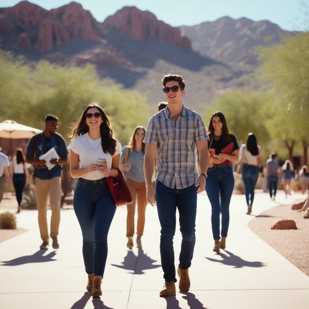 University students enjoying a sunny day on campus in Arizona, surrounded by desert landscapes, studentslyfe.com.