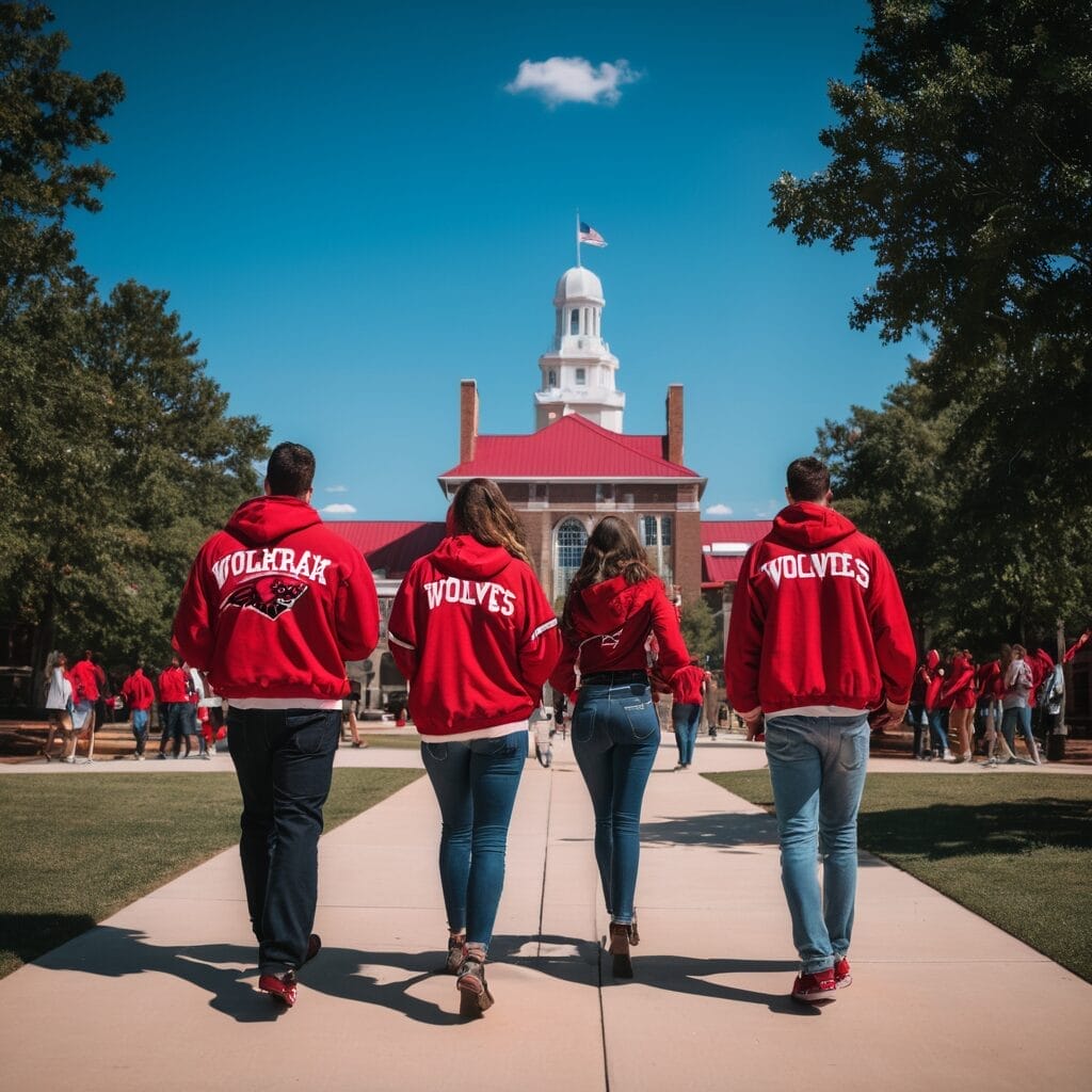 University students enjoying campus life in Arkansas with Razorback and Red Wolves gear, studentslyfe.com.