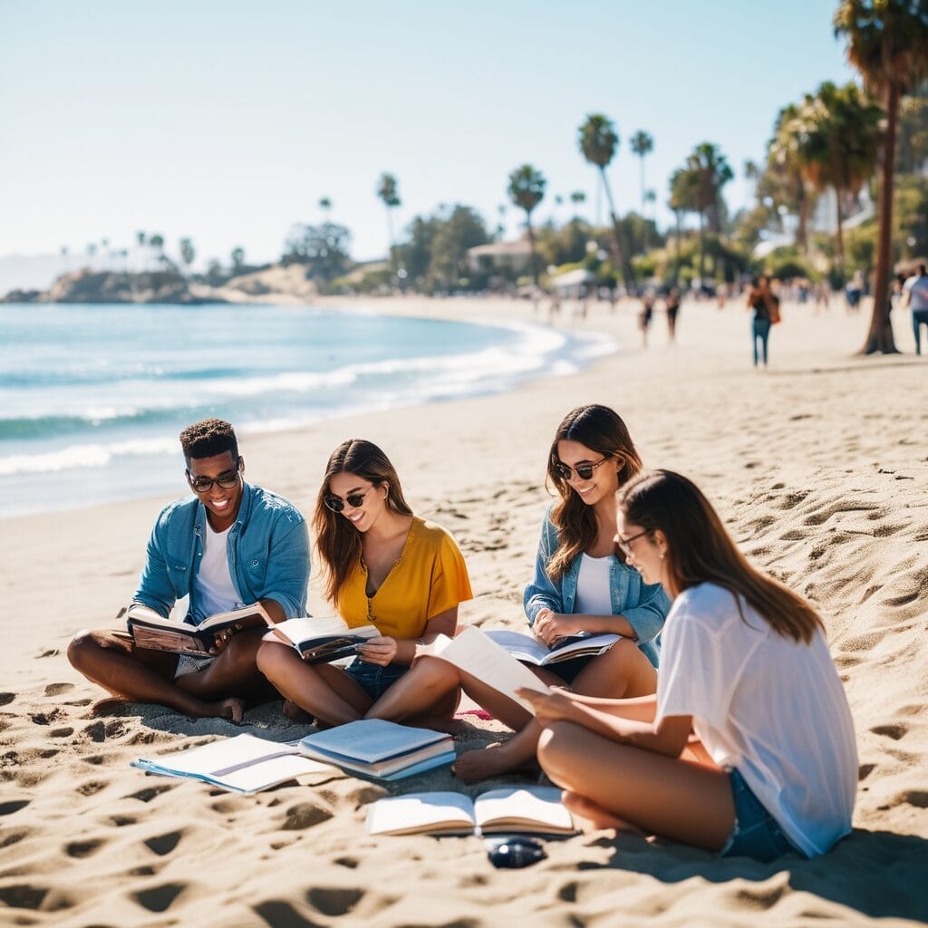 University students enjoying a sunny California campus with a beach backdrop, studentslyfe.com.