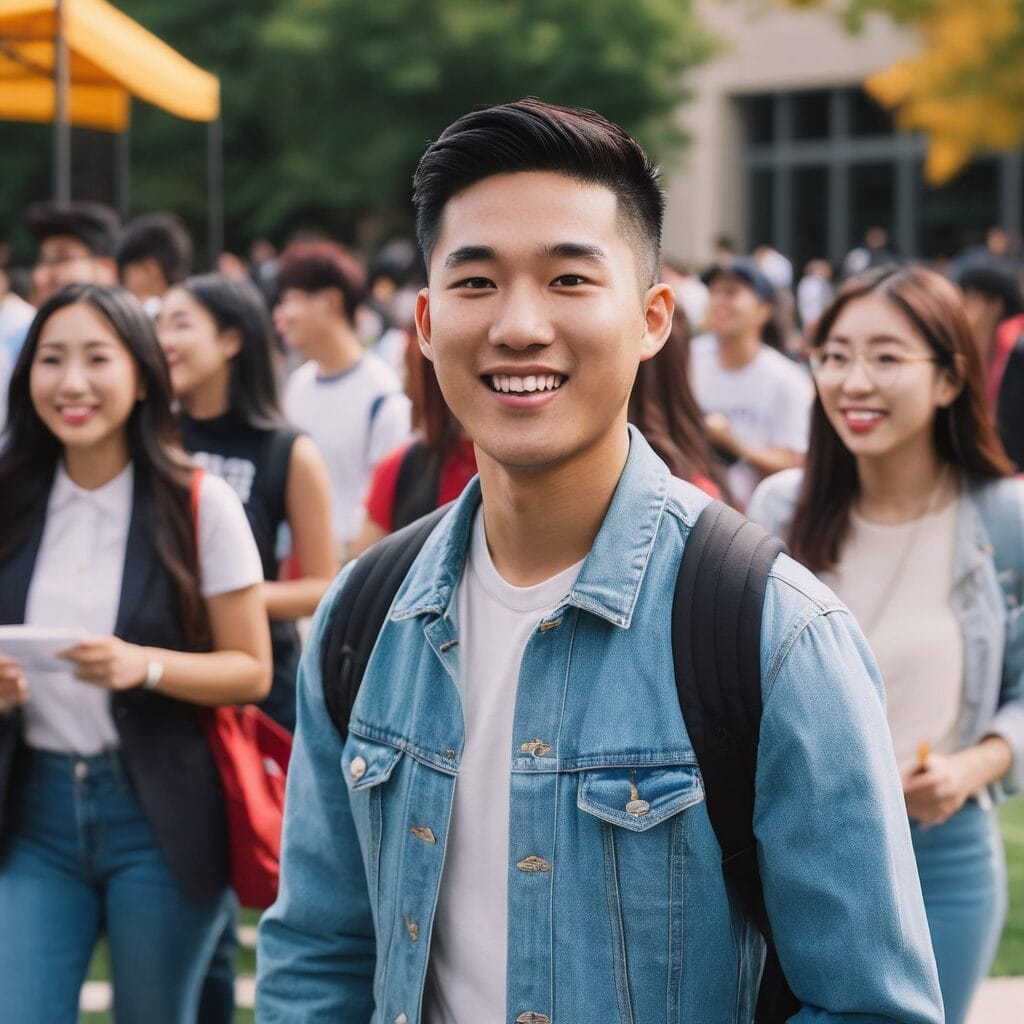 Asian American college students gathering on campus, balancing cultural heritage and college life, studentslyfe.com.