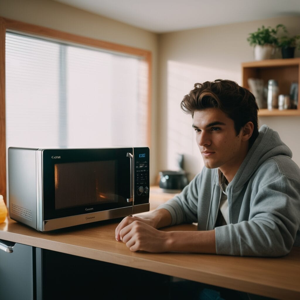 College student cooking in a dorm room using a microwave and mini-fridge, studentslyfe.com.