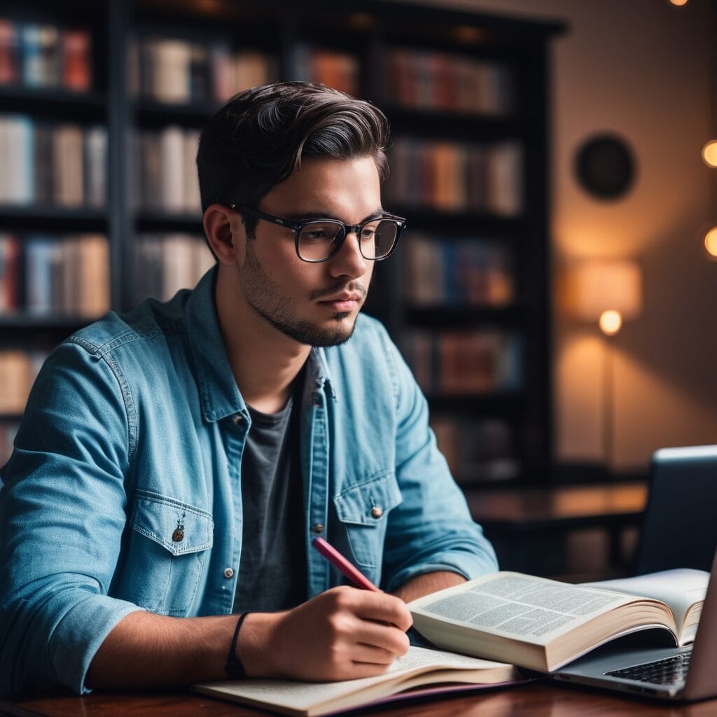 College student pondering major choices with books, laptop, and thought bubbles, studentslyfe.com.