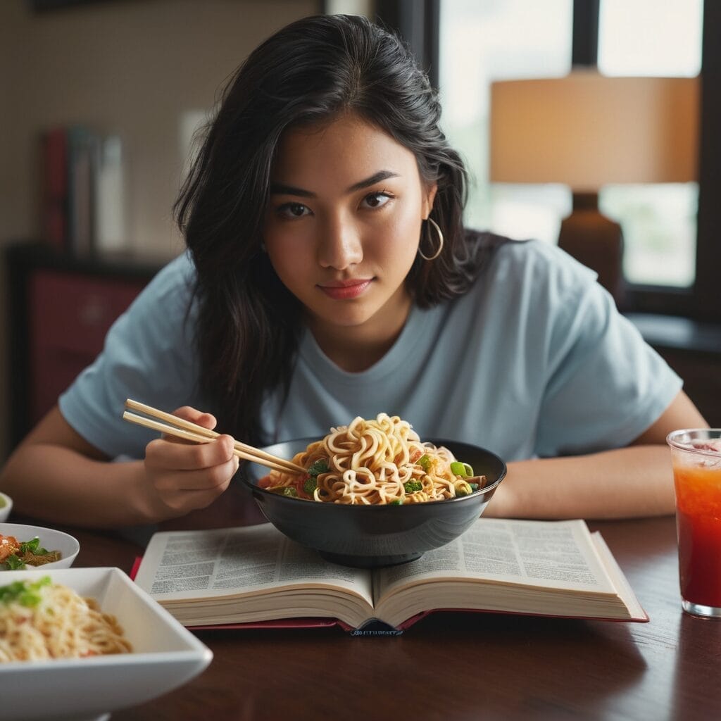 College freshman budgeting with ramen noodles, textbooks, and a laptop on a desk, studentslyfe.com.