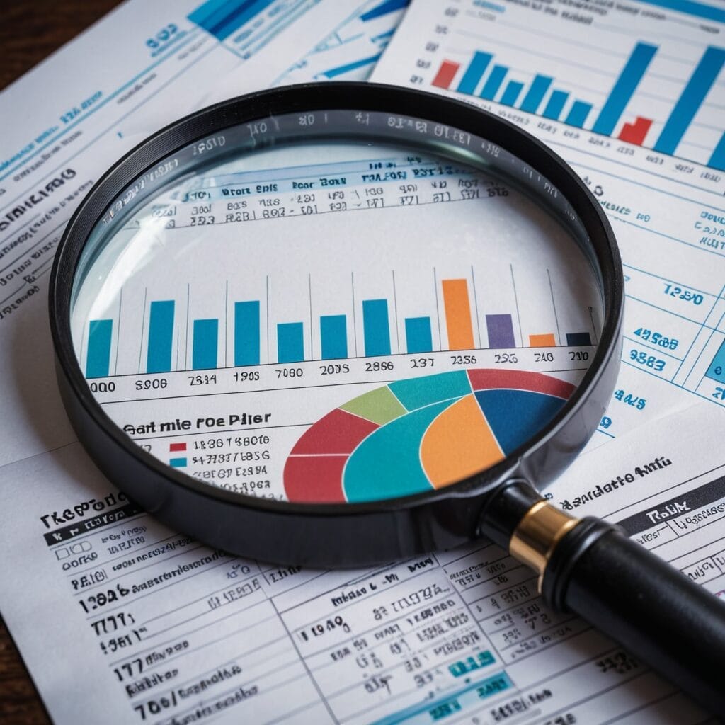 Magnifying glass over financial graphs and charts on studentslyfe.com, emphasizing college budget analysis.