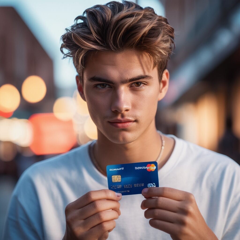 College student holding a credit card after learning about credit scores and responsible financial practices, studentslyfe.com.