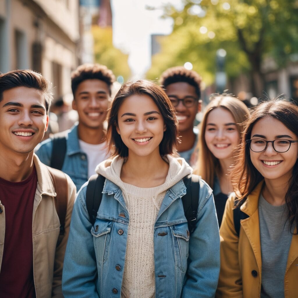 Group of happy students enjoying a sunny autumn day on campus - studentslyfe.com