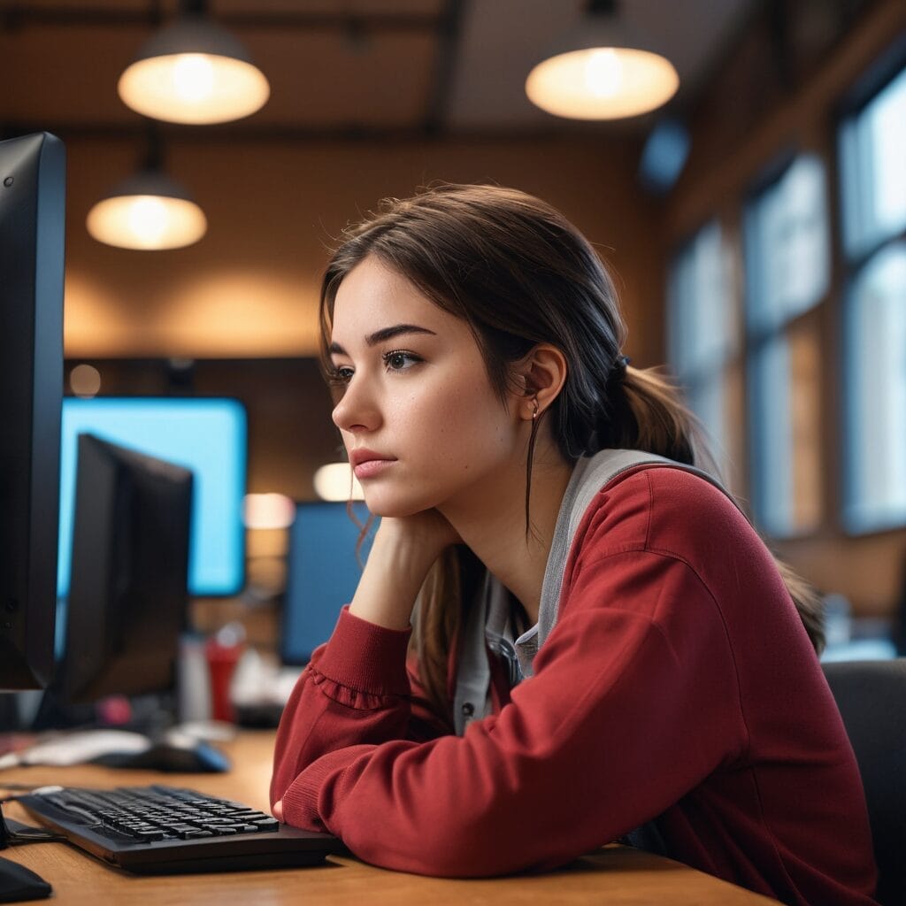 Anxious student working on a computer in the library's study area - studentslyfe.com