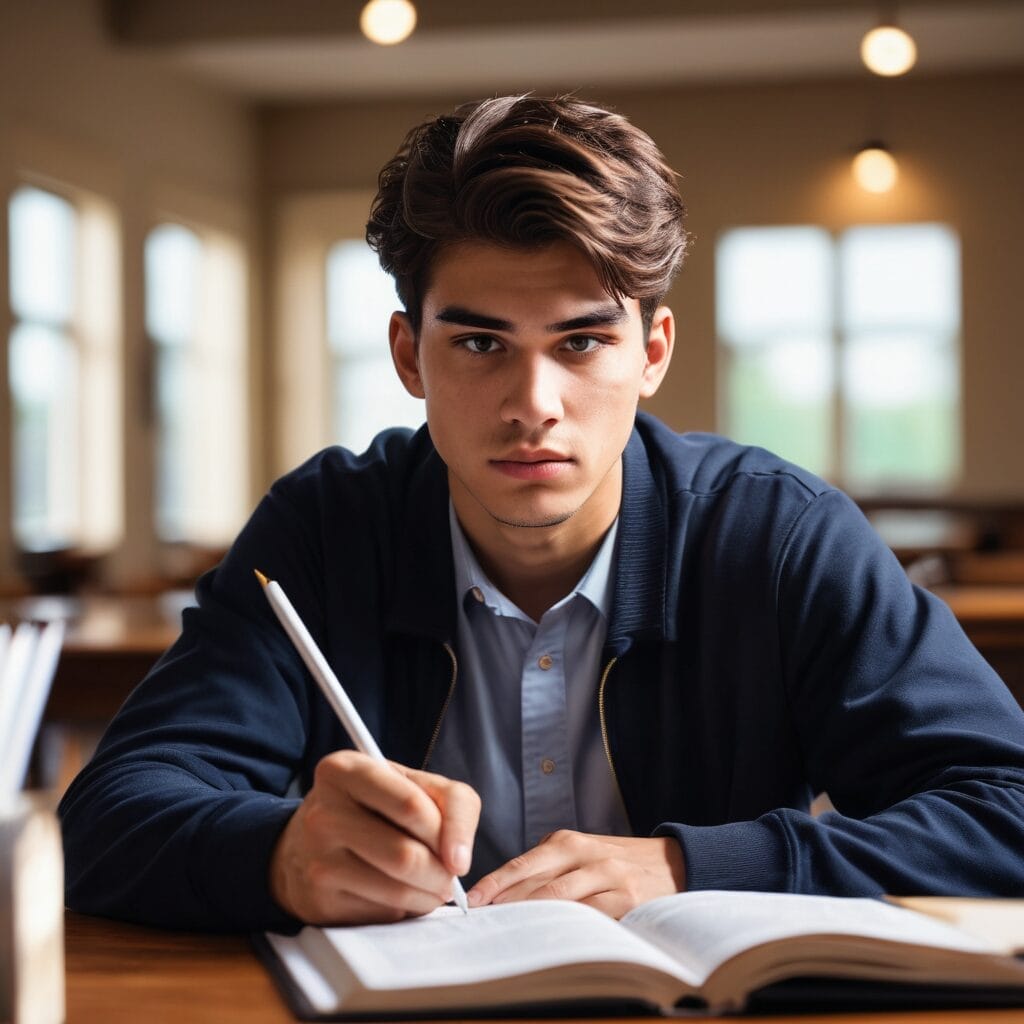 Anxious student focusing on his studies with a book in a library - studentslyfe.com