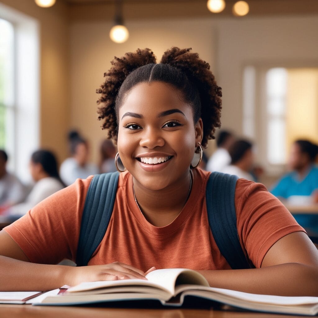 Smiling student confidently studying with an open book in the library - studentslyfe.com