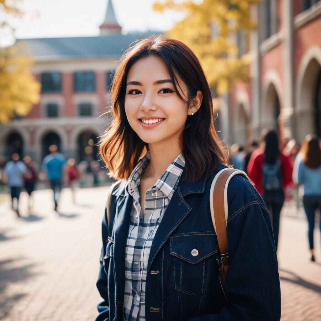 Smiling student on college campus during welcome day on studentslyfe.com, embracing new beginnings.