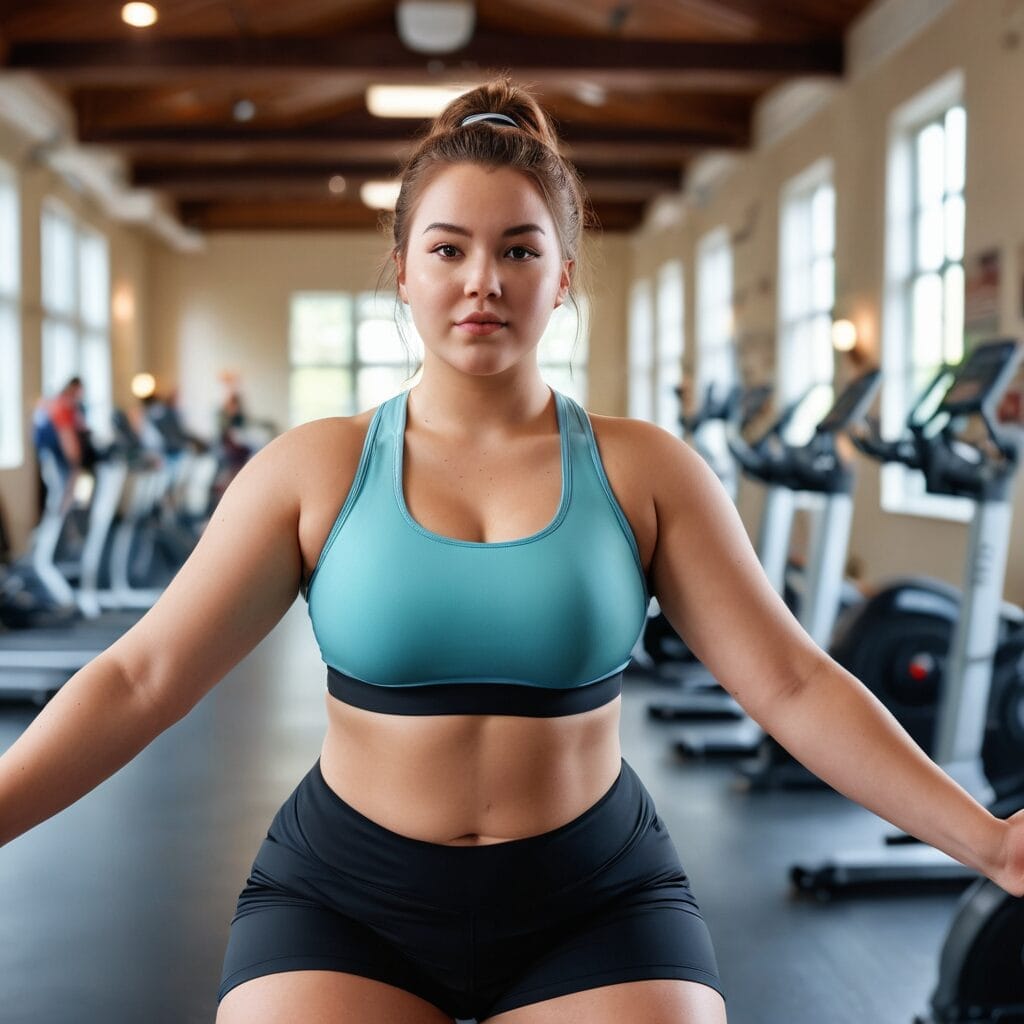 Confident woman in gym attire working out on studentslyfe.com, showcasing strength and fitness.