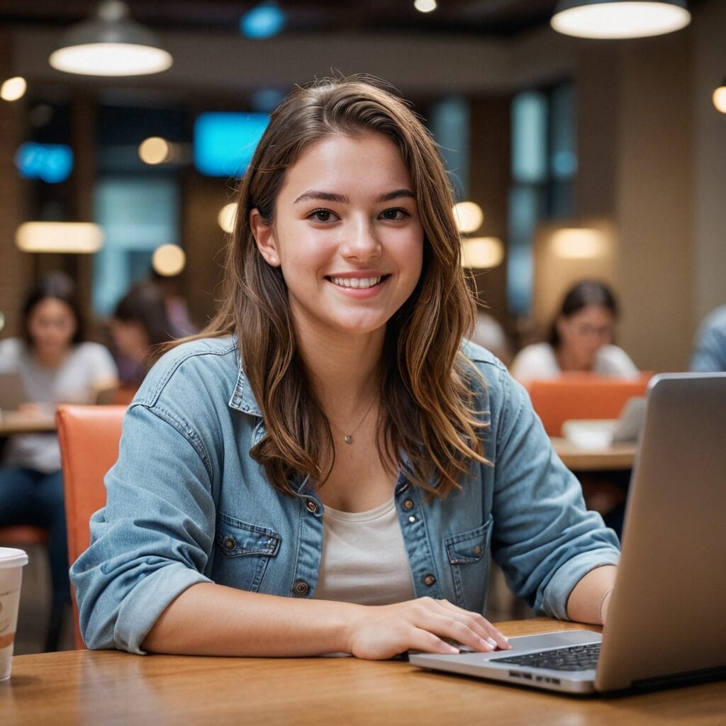 College student using a laptop in a library on studentslyfe.com, embracing AI technology.