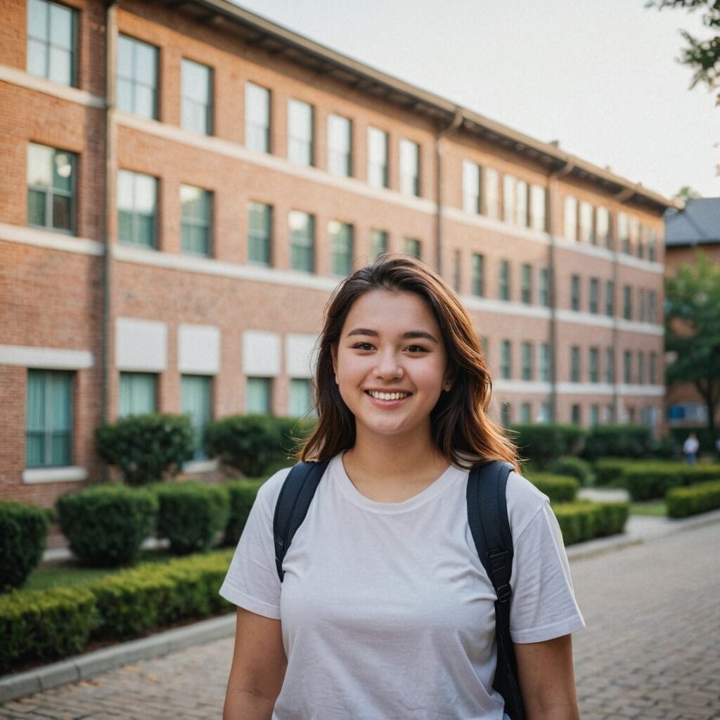 Smiling college student in front of dorm building on studentslyfe.com, ready for campus life.