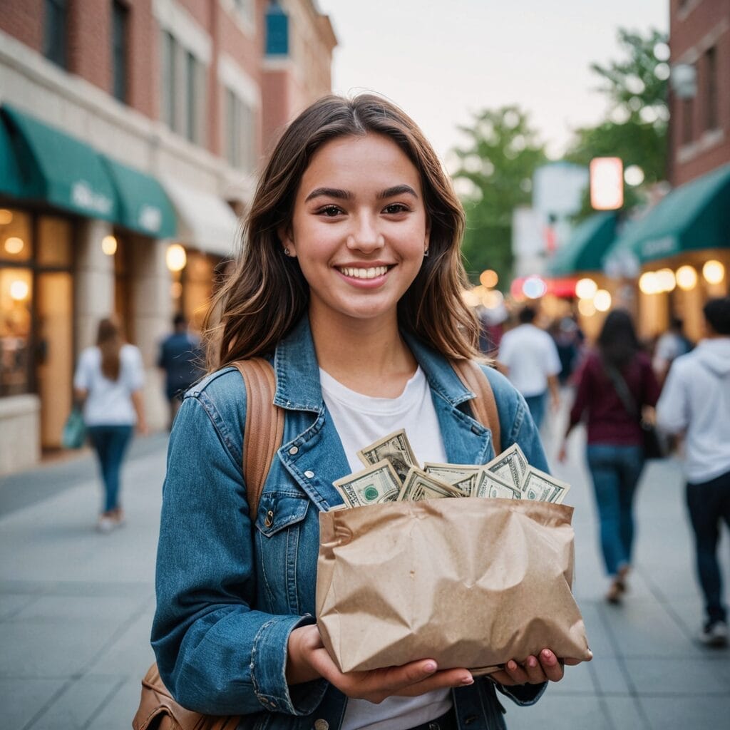 Smiling college student holding a bag of cash on studentslyfe.com, mastering budgeting skills.