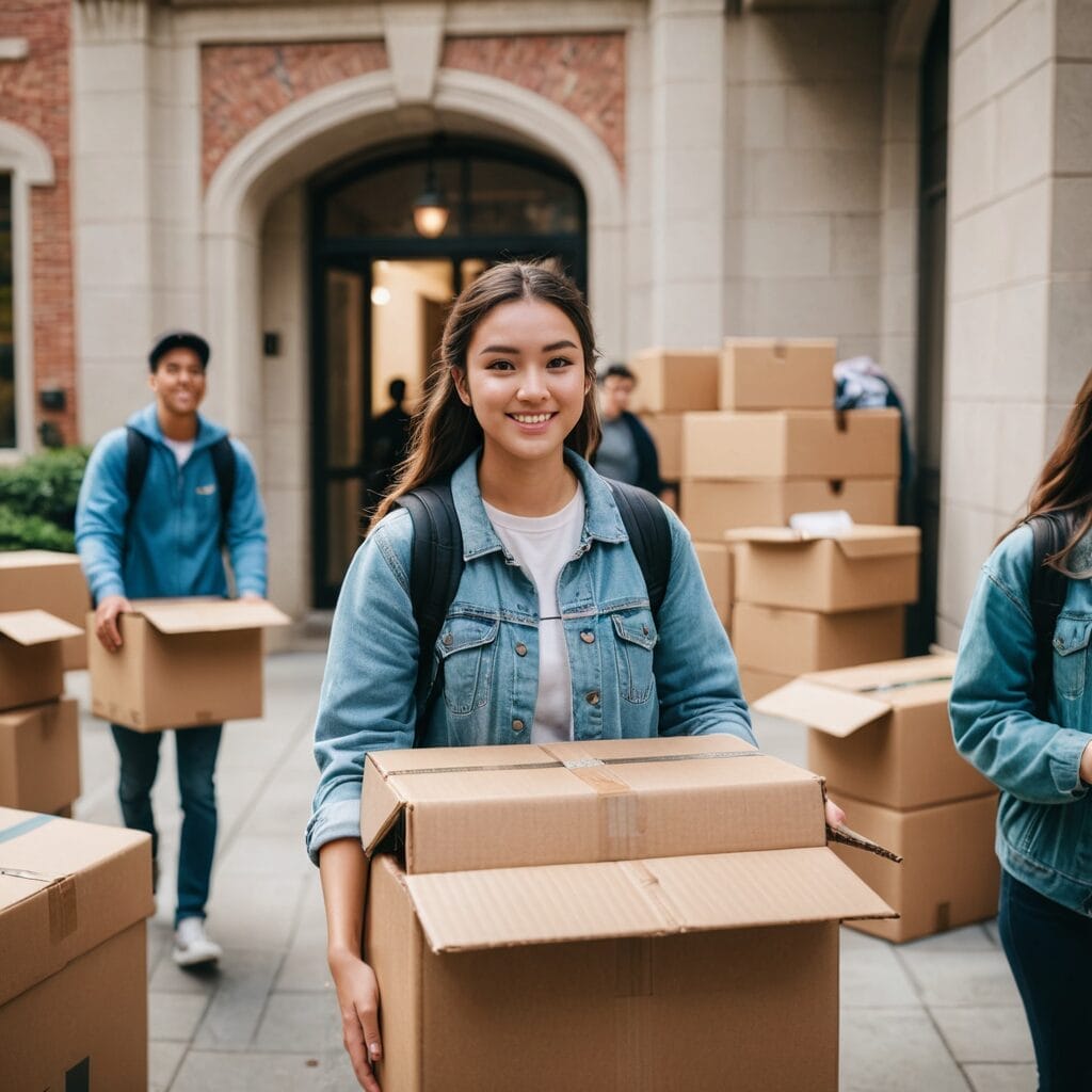 College students moving boxes on welcome day at studentslyfe.com, embracing new beginnings.