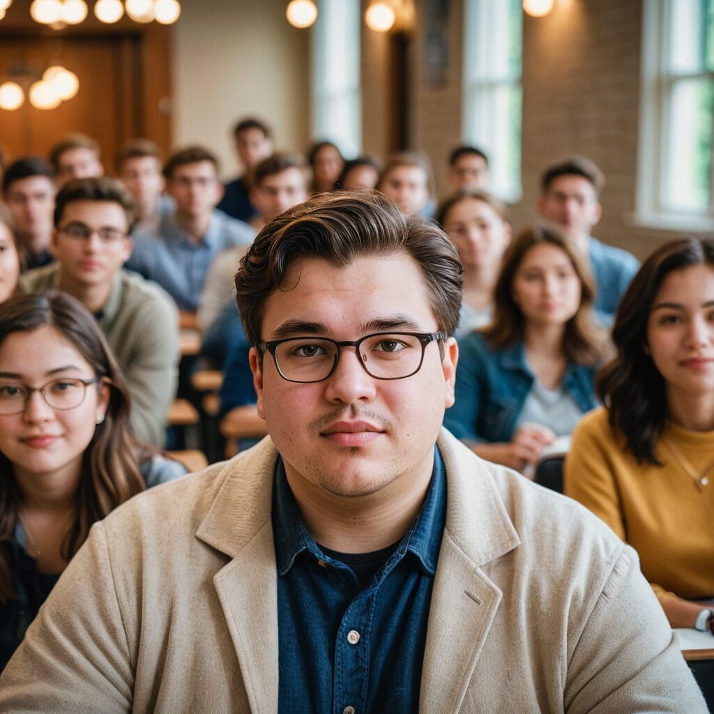 College students attentively listening in on studentslyfe.com, focusing on academic success.