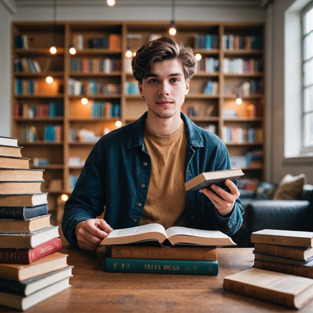 College student studying in a library surrounded by books on studentslyfe.com, balancing academics and life.