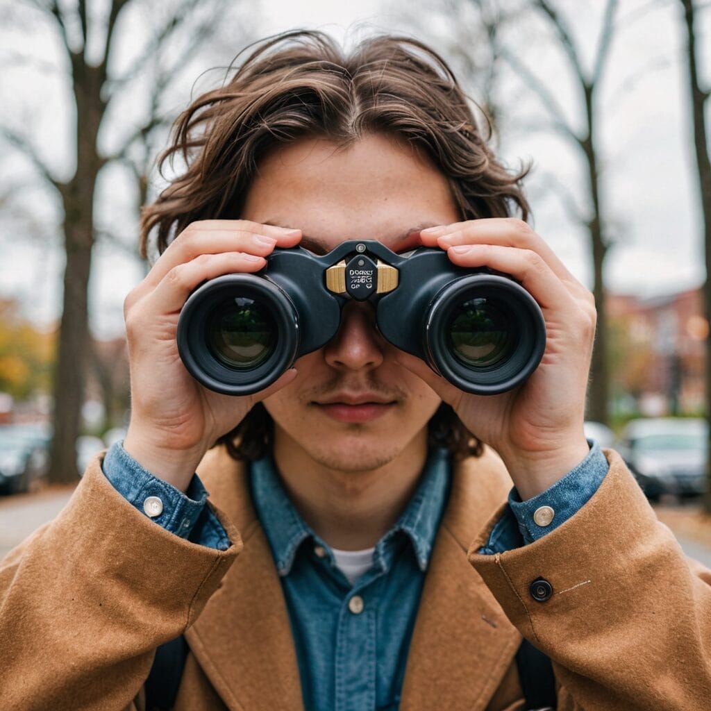 College student looking through binoculars on studentslyfe.com, symbolizing future goals and aspirations.